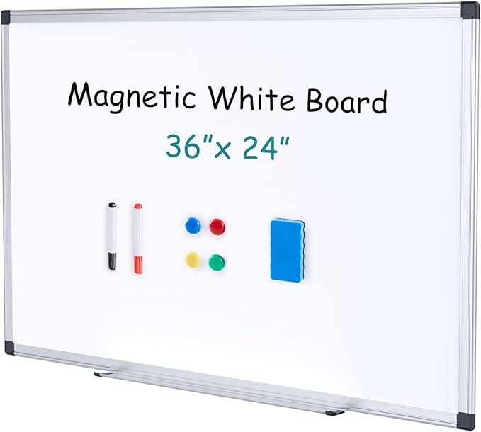 OLIXIS White Board, Dry Erase Board for Wall 36" x 24", Whiteboard with 1 Dry Eraser & 2 Multicolor Markers & 4 Magnetic Pins, Aluminium Frame for Home, School, Office, White