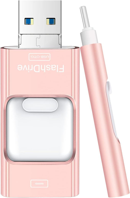 Flash Drive for iPhone 512GB, 4 in 1 USB Type C Memory Stick, Photo Stick External Storage Thumb Drive for iPhone iPad Android Computer, Rose Pink
