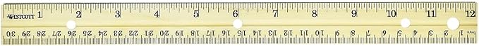 Westcott Three-Hole Punched Wood Ruler, Standard/Metric, 12" (30 Cm) Long, Natural Wood, 36/Box