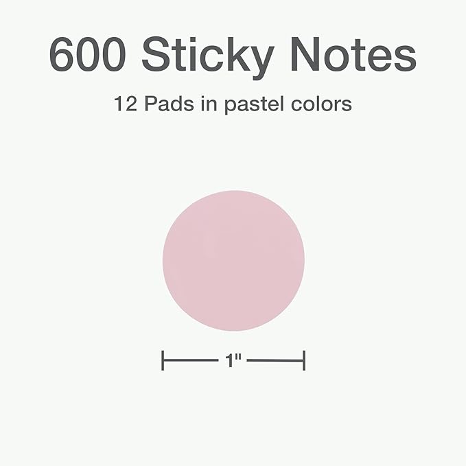 Redi-Tag Transparent Sticky Notes, 12 Pads Per Pack, Circle Sticky Notes, Round Adhesive Notes, Small Sticky Tabs for Organizing, 1 inch Diameter, 12 Pastel Colors (1016719)
