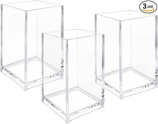 Newkita 3 Pack Clear Acrylic Cosmetic Pencil Pen Holder Cup, Clear Makeup Brush Holder, Desk Acrylic Brushes Storage