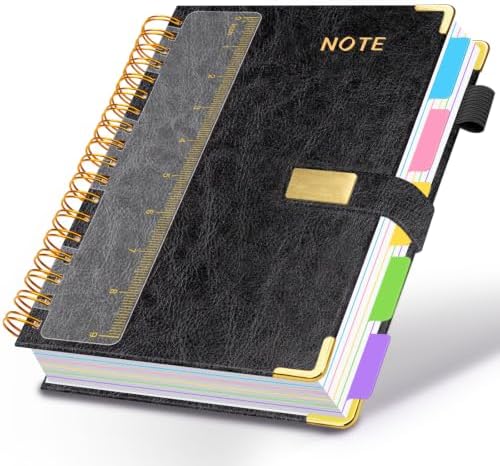Hardcover Spiral Notebook 8''x 10'' College Ruled Notebook with Magnetic Closure, 300 Pages 5 Subject Notebooks with Pocket Dividers for Work School, B5 Leather Journal for Women, Men (Black)