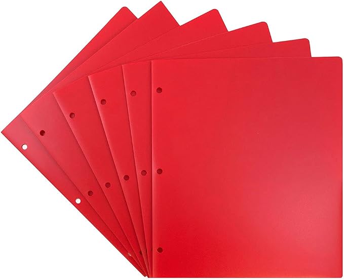 JAM PAPER Heavy Duty Plastic 3 Hole Punch Pocket Folders - Extra Tough School Folders - Red - 6/Pack
