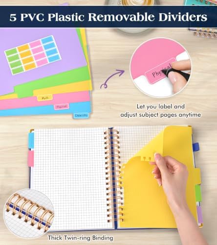 5 Subject Graph Paper Notebook with Removable Dividers Tabs, 300 Pages Hardcover Leather Grid Spiral Journal, 8"x10" B5 Large Graphing Notebooks for Women Men Work School College Engineering, Navy