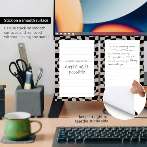 2 Pack Lined Sticky Notes 4x6 in, Cute Self-Stick Notepads with Lines, Large Memo Pads Strong Adhesive for Office, Home Black Grey Plaid