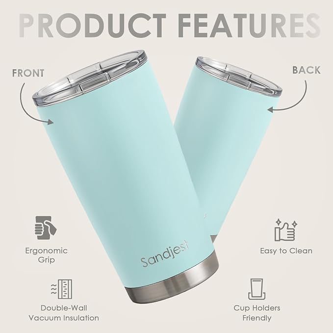 SANDJEST Stainless Steel Tumbler 20 oz, Double Wall Vacuum Insulated Mug with Lid, Travel Coffee Cup for Women Girls Friends Sisters, Birthday Christmas (Pale Turquoise)