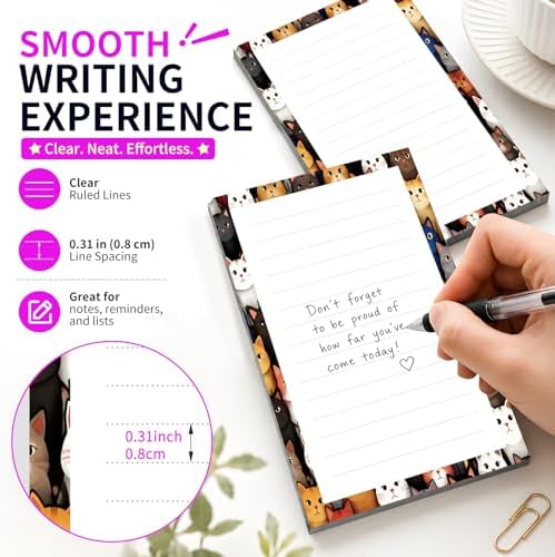 Lined Sticky Notes 4x6 in, 2 Pack Large Cute Notepads with Lines Self-Stick Note Pad, Funny Memo Pads Strong Adhesive for Office, Home Cute Colorful Cats