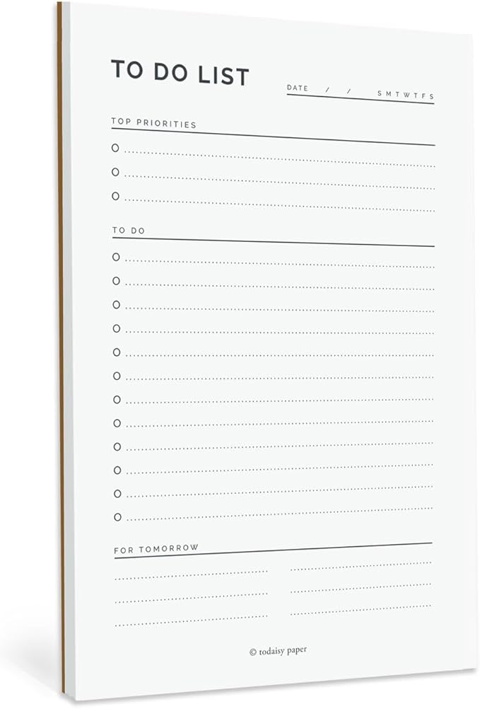 To Do List Planning Pad 5.5 x 8.5" Notepad with Task Organizer includes sections for Top Priorities, To Do List and Follow up For Tomorrow. 50 tear off sheets by Todaisy Paper.