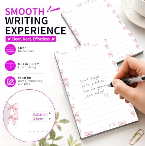 Lined Sticky Notes 4x6 in, 2 Pack Large Cute Notepads with Lines Self-Stick Note Pad, Funny Memo Pads Strong Adhesive for Office, Home Cute Pink Bowtie