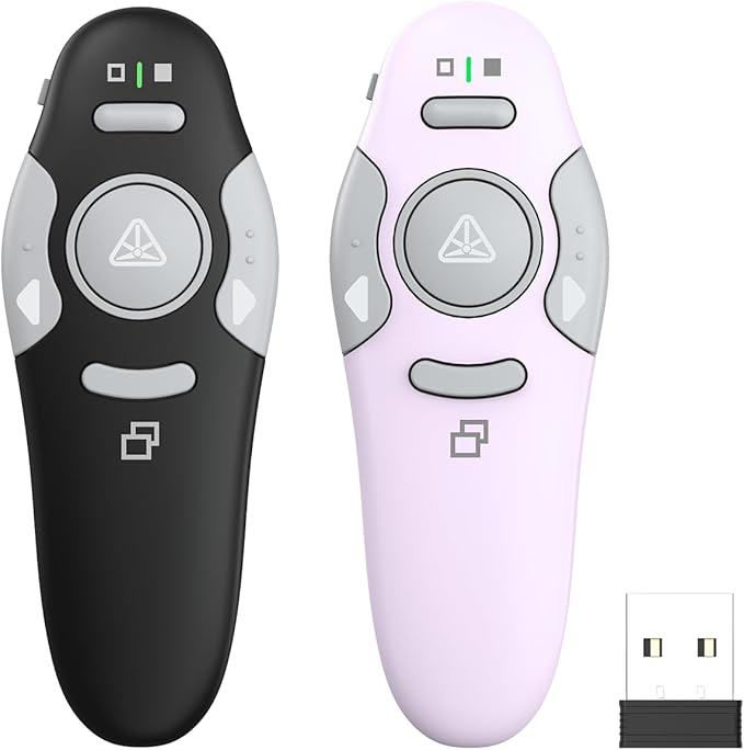 QUI 2 Pack Presentation Clicker, Wireless Presenter Remote Clicker for PowerPoint, Slide Advancer for Mac, Windows, Google Slide, Keynote (USB, Black Purple)