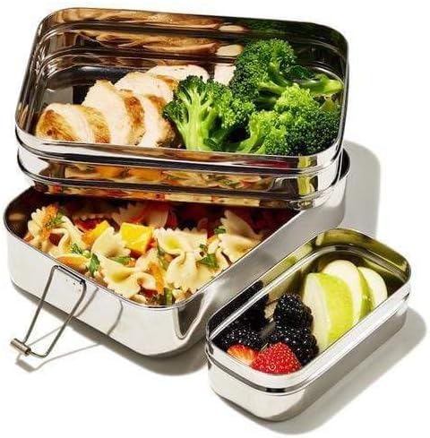 ECOlunchbox Three-in-One GIGANTIC Bento Box (49oz) – 3 Piece Jumbo Stainless Steel Lunch Container – Plastic Free, Non Toxic, Nestable, Dishwasher-Safe for Big Appetites, Not Leak-Proof