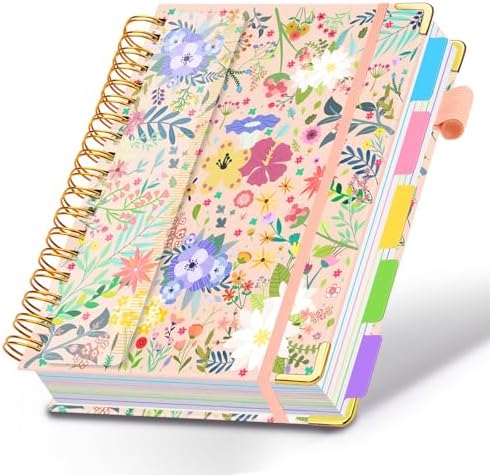Spiral Journal Notebooks for Work, 300 Pages 5 Subject Notebook College Ruled with Dividers & Tabs, A5 Notebook Journal for Women Students Note-Taking and Organizer (Beige Bloom)
