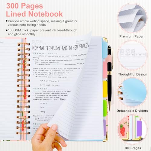 Spiral Journal Notebooks for Work, 300 Pages 5 Subject Notebook College Ruled with Dividers & Tabs, A5 Notebook Journal for Women Students Note-Taking and Organizer (Pink Strawberry)