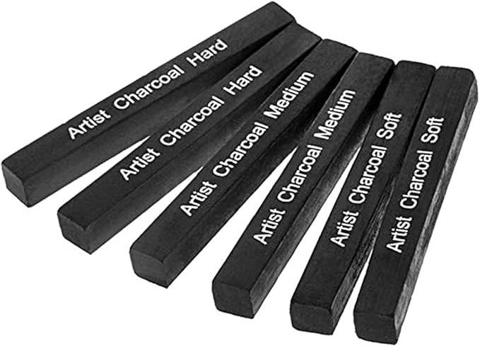 Artist Compressed Charcoal Stick Assorted Soft Medium Hard Artist Charcoal Medium for Drawing Sketching Shading, Art Supplies Sketch Kits Tools Pack of 6