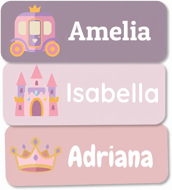 Bunny Badges Personalized Name Labels for Kids (60, 120, or 240 Count) Custom Daycare Labels & Name Stickers for Clothing Tags, Water Bottles, Lunch Boxes and School Supplies (Princess)