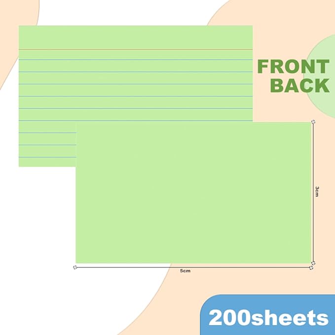 3x5 Index Cards 200 Count, Colored Thick Flash Cards Lined Notecards for Studying & Presentations, Portable Ruled & Blank Note Cards for Students, Teachers, Professionals