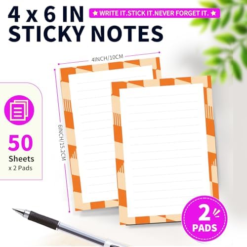 Lined Sticky Notes 4x6 in, 2 Pack Large Cute Notepads with Lines Self-Stick Note Pad, Funny Memo Pads Strong Adhesive for Office, Home Orange Cute Plaid