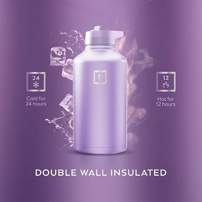 IRON °FLASK 64 oz Wide Mouth Water Bottle with Straw | Insulated Half Gallon Water Bottle with Leakproof Straw Lid - BPA Free, Cold 24 Hrs, Sweat Free (Lavender)
