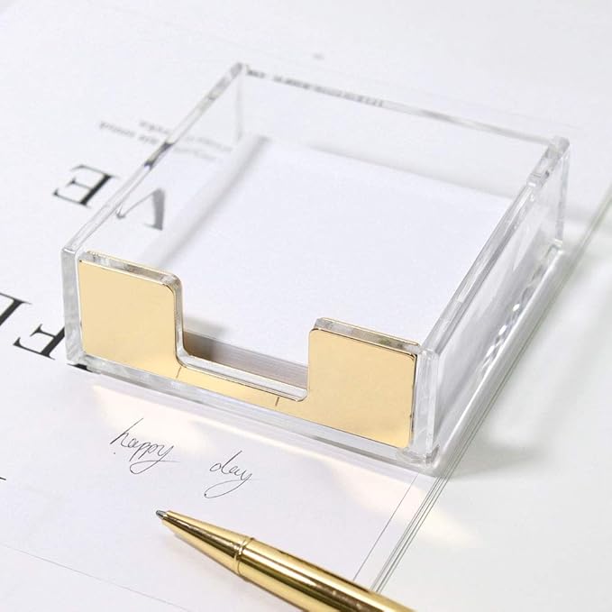 Buqoo Acrylic Sticky Notes Pad Holder Desk Organizer 3.5x3.3 Inch Memo Holder for Office Supplies(Gold) Clear Office Desk Accessories for Schools Office Home Classroom Desk Supplies