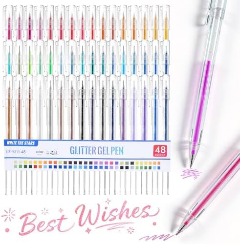 48 Colors Glitter Gel Pens for Adult Coloring, Fine Tip Sparkly Gel Ink Pens Set,Gel Glitter Pens - Smooth Writing Glitter Pens for Journaling, Drawing, Crafts, Doodling Art Supplies on Black Paper