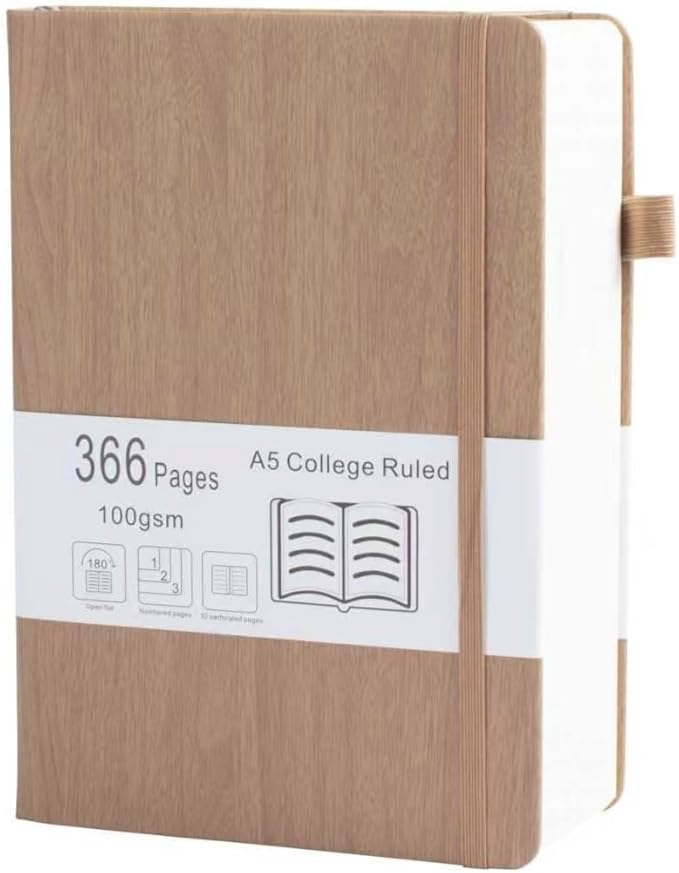 Thick College Ruled Notebook with 366 Numbered Pages, A5 Journals for Writing with 100GSM Lined Paper, Hardcover Leather Notebooks for Women Men School Note Taking Office Work Diary, Wood