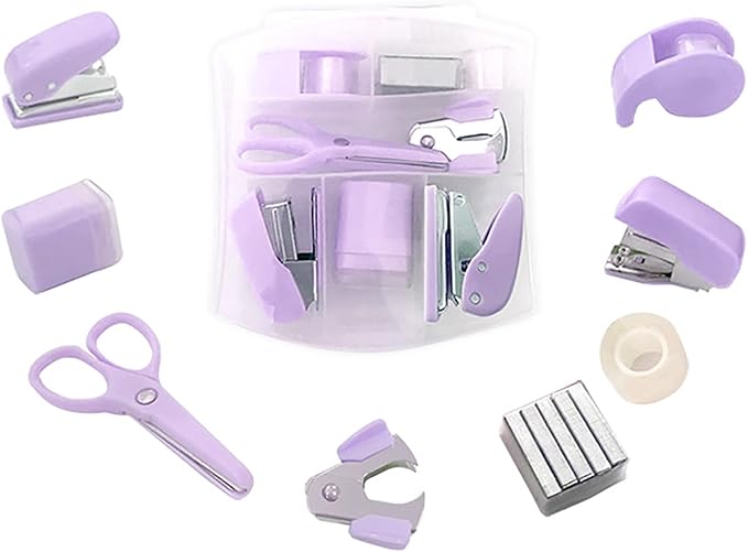 8 Pack Mini Office Supply Kits Mini School Supplies – Includes Mini Stapler, Scissors, Staple Remover, Puncher, Pencil Sharpener, Tape Dispenser (Purple)