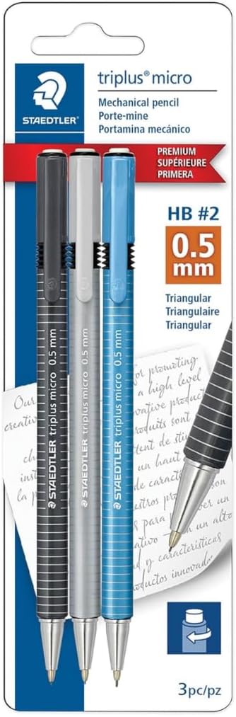 STAEDTLER Triplus Micro Mechanical Pencils 18 Pack (18 sets of 3 pcs) (#2) 0.5mm lead, Retractable with Twist Eraser, Ergonomic Triangular Grip for Writing, Drawing & Drafting, 54 Count
