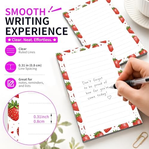 Lined Sticky Notes 4x6 in, 2 Pack Large Cute Notepads with Lines Self-Stick Note Pad, Funny Memo Pads Strong Adhesive for Office, Home Cute Red Strawberry