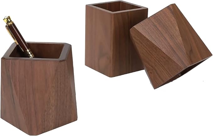 Black Walnut Wooden Pencil Box, Multiple-Use Desk Writing Stationary Organizer Wood Pen Holder Cups Office School Supplies Storage (Square Shape)