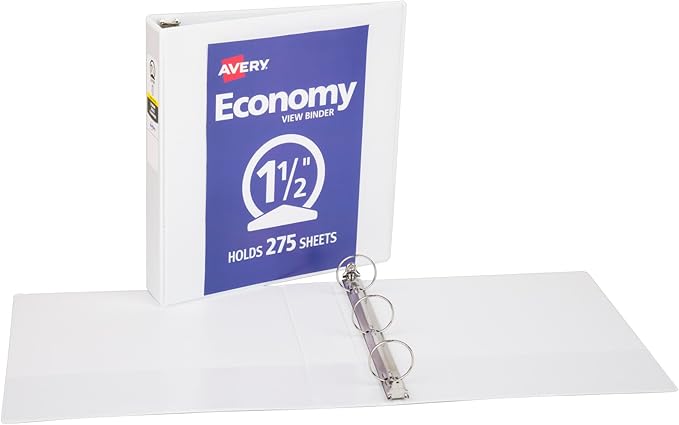 Avery Standard View 3 Ring Binders, 1.5" Round Rings, 275-Sheet Capacity, 2.1 Inch Wide Spine, White Binders, Ideal for Lightweight Organization and Occasional Referencing (12-Pack of 05726)