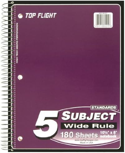 Top Flight Standards 5-Subject Wirebound Notebook, 180 Sheets, 3-Hole Punched, Wide Rule, 10.5 x 8 Inches, 1 Notebook, Color May Vary (31414)