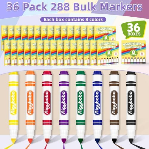 288 Count Washable Markers Bulk, 36 Packs, 8 Colors, School Supplies