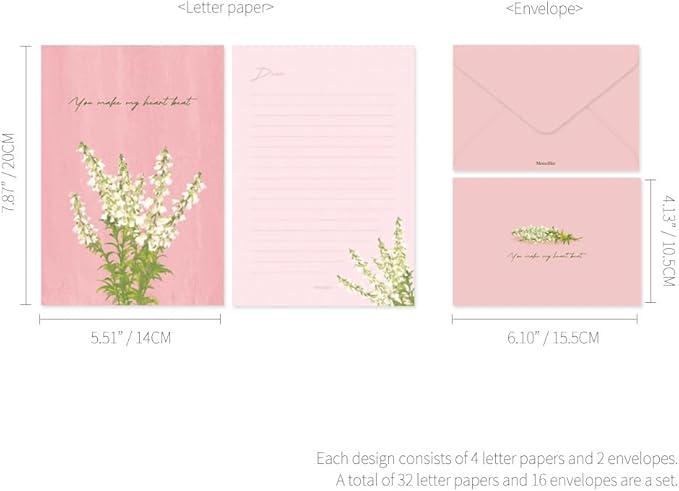 Monolike Olivia's Flowers Letter Paper and Envelopes Set - 8Type, 32 Letter Paper + 16 Envelopes