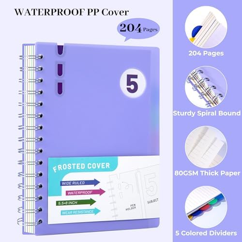 Spiral Notebook with Dividers & Tabs ,5 Subject Notebook,5x7,Violet