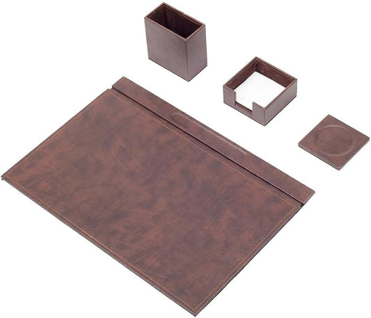 Luna Minimalist Leather Desk Set – 4 Piece Desk Organizer with Desk Pad, Pen Holder, Note Holder & Coaster – Compact Office Desk Accessories – Multiple Colors (Brown)