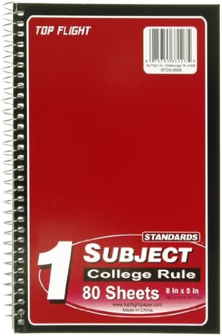 Top Flight Standards 1-Subject Wirebound Notebook, No Holes, 80 Sheets, College Rule, 8 x 5 Inches, 1 Notebook, Color May Vary (33107)