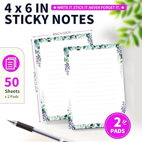 Lined Sticky Notes 4x6 in, 2 Pack Large Cute Notepads with Lines Self-Stick Note Pad, Funny Memo Pads Strong Adhesive for Office, Home Cute Boho Flowers