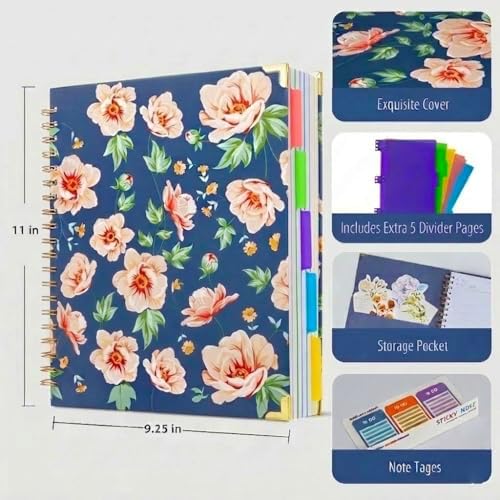 Hardcover Spiral Notebook 8.5" x 11" with Removable Dividers, 300 Pages 5 Subject College Ruled Notebook for Work with Tabs, A4 Spiral Journal for Women Men, School Students Note Taking, Navy Floral