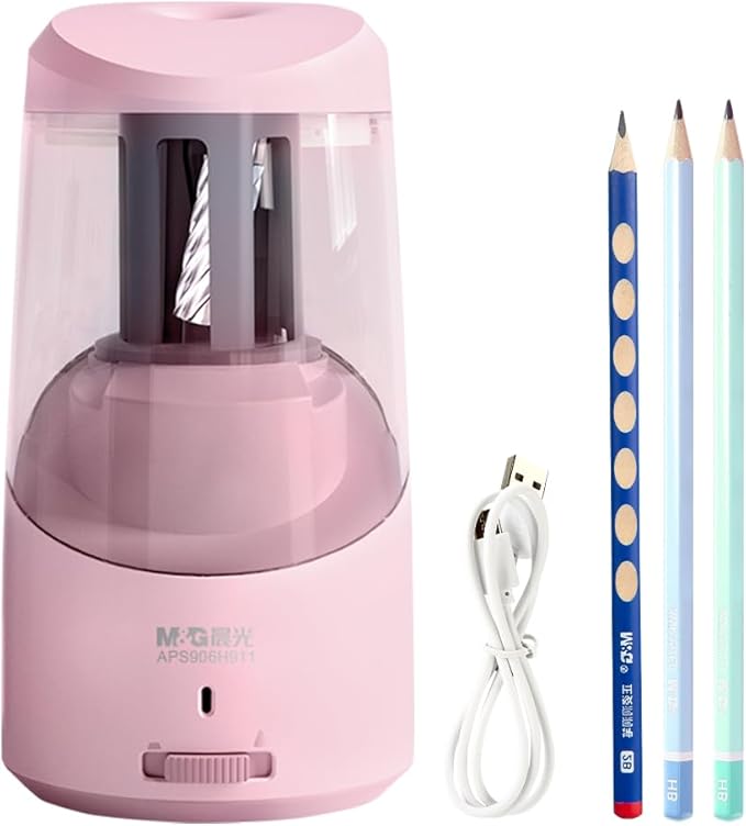 M&G Pink Electric Pencil Sharpener, Portable Automatic Pencil Sharpener for Colored Pencils, Auto Stop, Super Sharp & Fast, USB Operated for 6-8mm Pencils for Kids, School, Office, Home (Pink)