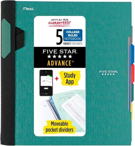 Five Star Advance Spiral Notebook + Study App, 5 Subject, College Ruled Paper, 8-1/2" x 11", 200 Sheets, Spiral Guard, Movable Tabbed Dividers, Seaglass Green (73148) (Pack of 6)