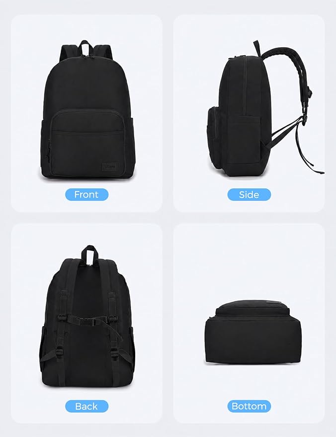 VASCHY School Backpacks, Lightweight Bookbag Schoolbag for Boys Girls Casual Basic Simple Daypack for Men Women Black