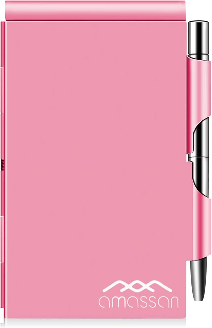 amassan Metal Pocket Notebook, Small Pocket Notepad Aluminum Note Case with Mini Metal Pen and 60-Page Sheets (Fuchsia)