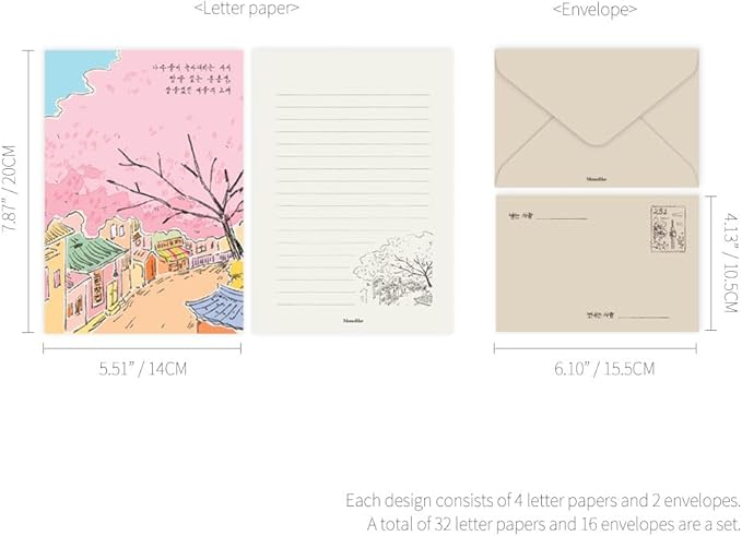 Monolike Seoul Letter Paper and Envelopes Set - 8Type, 32 Letter Paper + 16 Envelopes