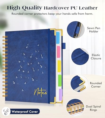 5 Subject Graph Paper Notebook with Removable Dividers Tabs, 300 Pages Hardcover Leather Grid Spiral Journal, 8"x10" B5 Large Graphing Notebooks for Women Men Work School College Engineering, Navy