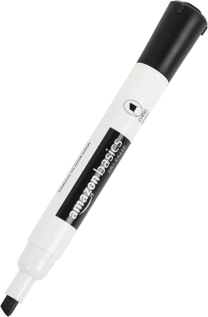 Amazon Basics Low-Odor Dry Erase Whiteboard Markers, Chisel Tip, Quick-Dry, Black, Red, Green, Blue, 8-Pack