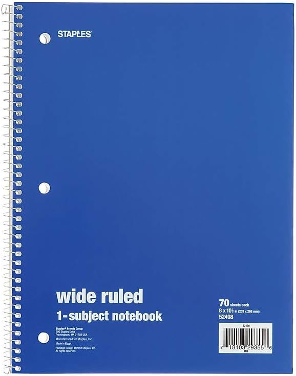 Staples 1-Subject Spiral Notebook, Wide Ruled, 70 Sht, Assorted, 6-Pk