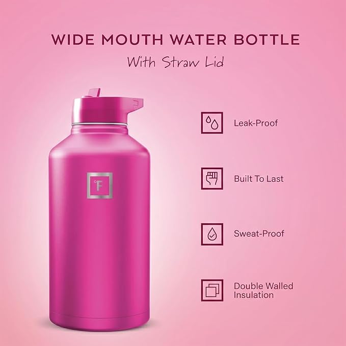 IRON °FLASK Camping & Hiking Hydration Flask with Straw, Wide Mouth Insulated Stainless Steel Sports Water Bottle - Pink Tulip 64 oz - Straw (1 Lid)