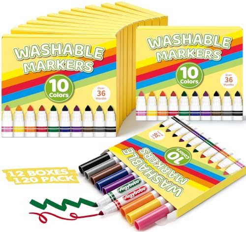 120 Count Washable Markers, 12 Packs, 10 Colors, School Supplies Bulk