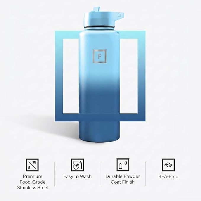 IRON °FLASK 40 oz Wide Mouth Water Bottle with Straw | Insulated Stainless Steel Sports Water Bottle with Leakproof Straw Lid - BPA Free, Cold 24 Hrs, Sweat Free (Blue Waves)