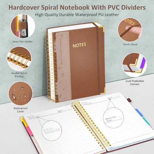 Hardcover Spiral Notebook Journal, 8"x10" Large B5 Notebooks with Removable Dividers Tabs, 300 Pages Leather 5 Subject Notebook College Ruled, Lined Journal for Women Work School Note Taking, Brown